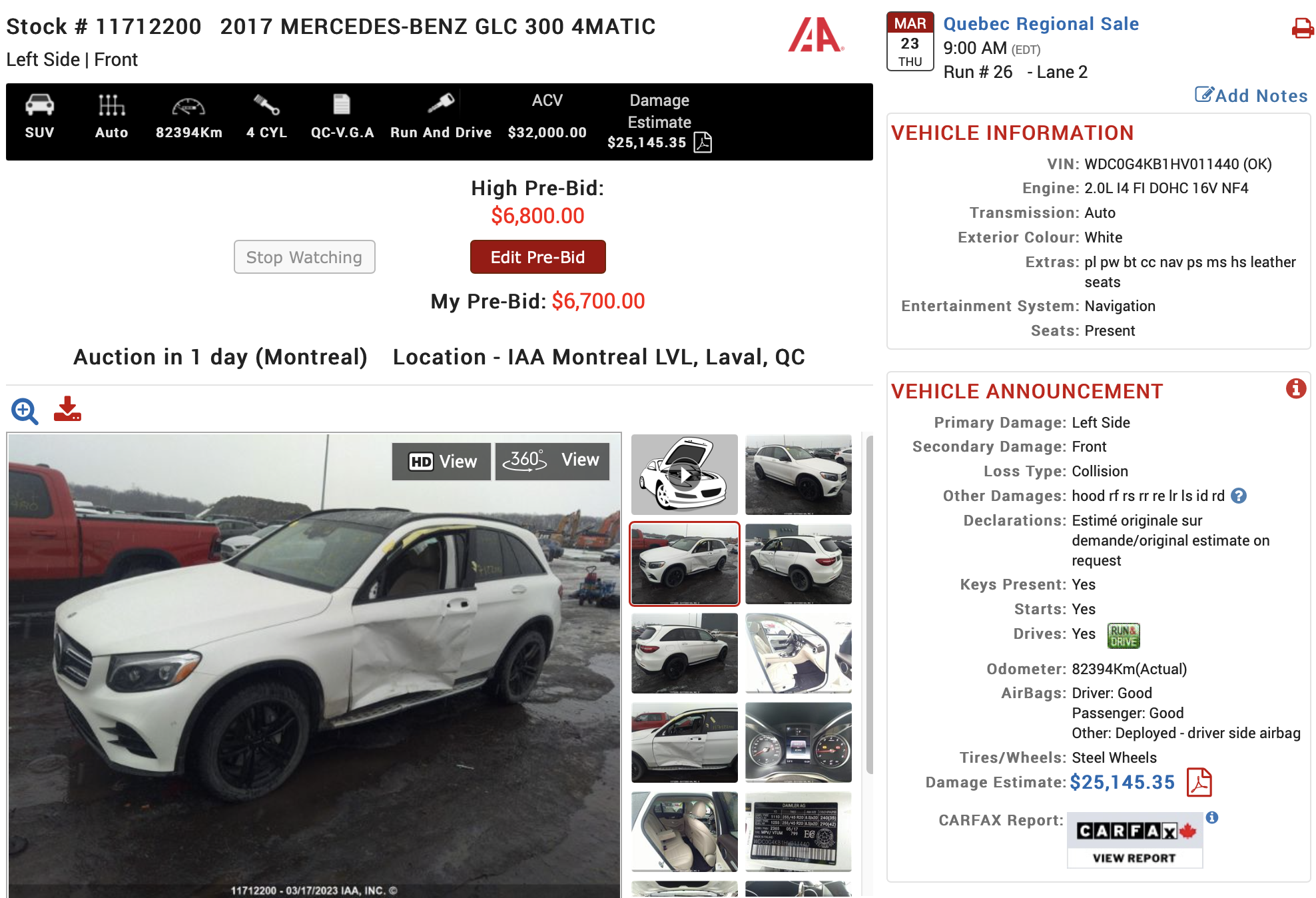 Bid on 2017 Mercedes Benz GLC300 at salvage auto auction BID on live